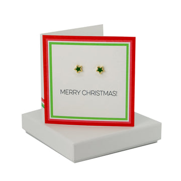 Merry Christmas Card- Green Enamel Star Studs  Coral and Mint